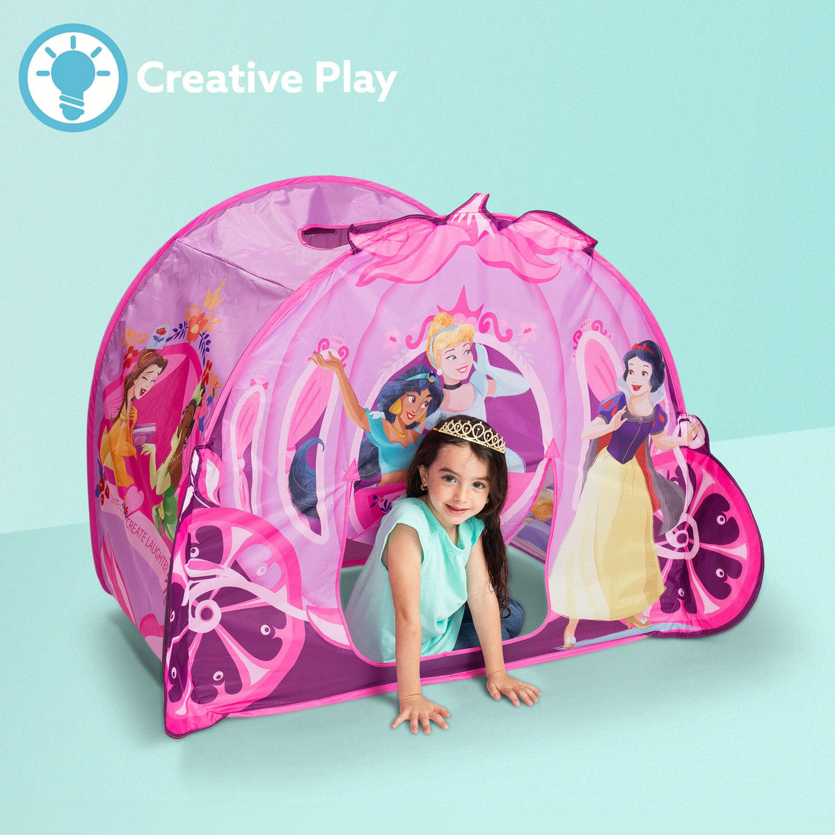 Front view: Playhut Disney Princess Carriage Crawl Through invites pretend royal parades