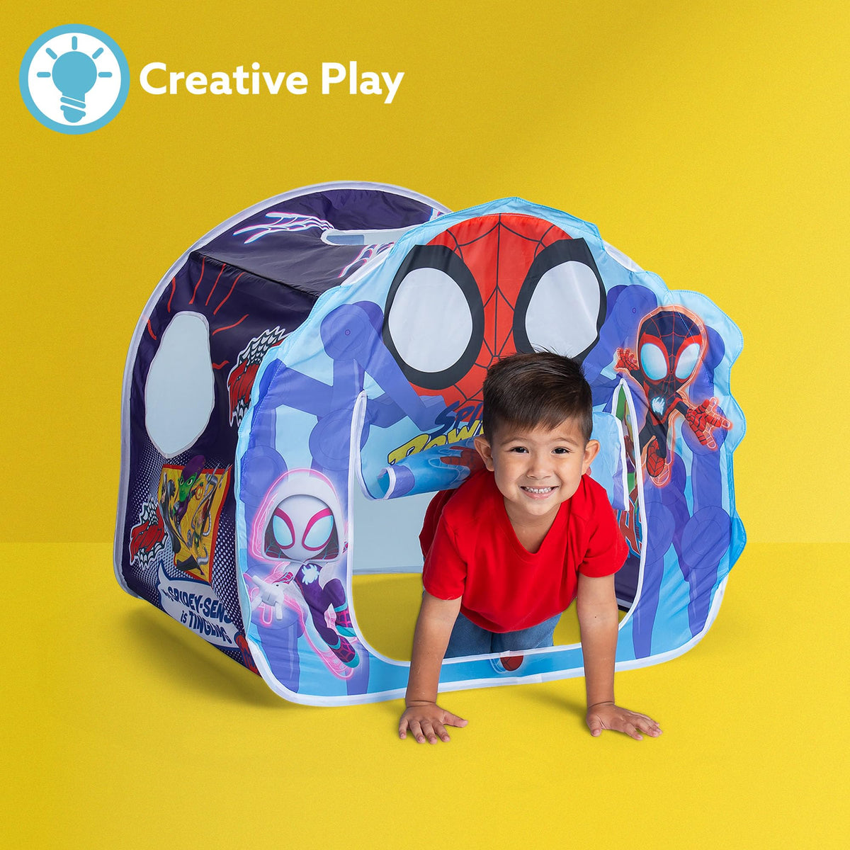 Licensed Spidey graphics wrap around the playhouse to spark superhero storytelling.
