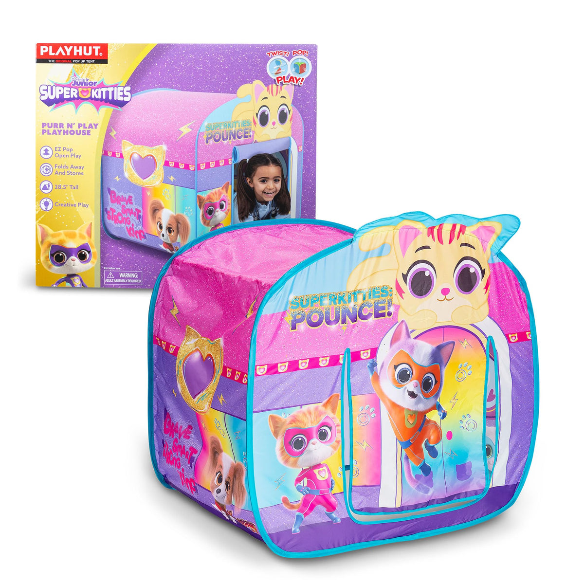 Playhut SuperKitties Purr N Play Playhouse front view with bold wraparound graphics for imaginative adventures.