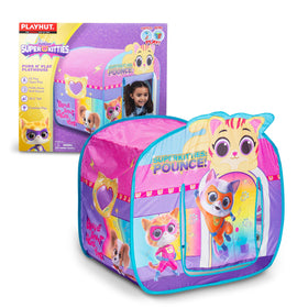 Playhut SuperKitties Purr N Play Playhouse front view with bold wraparound graphics for imaginative adventures.