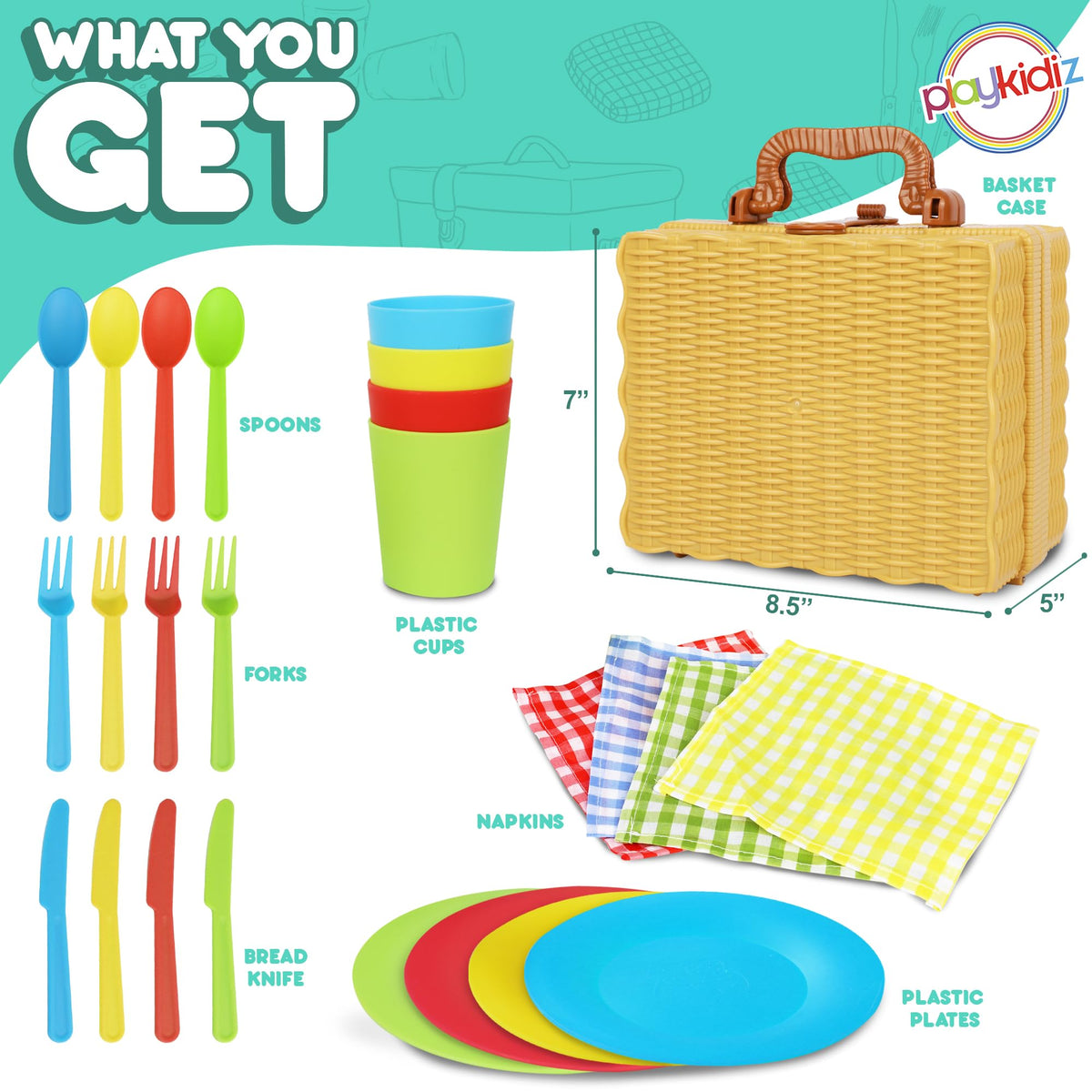 Playkidiz plates cups cutlery in bright colors for role-play meals.