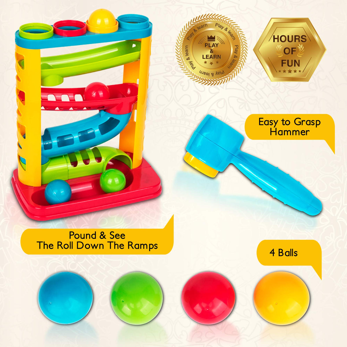 Playkidz pound a ball balls in vibrant colors promoting color recognition.