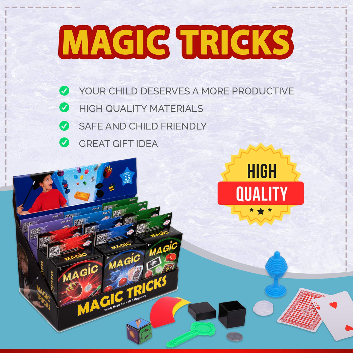 Playkidz trick props close-up, durable accessories for budding magicians
