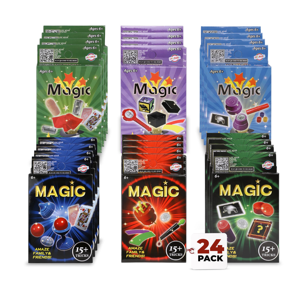 Playkidz twentyfour-pack magic tricks box, portable kit for on-the-go fun.