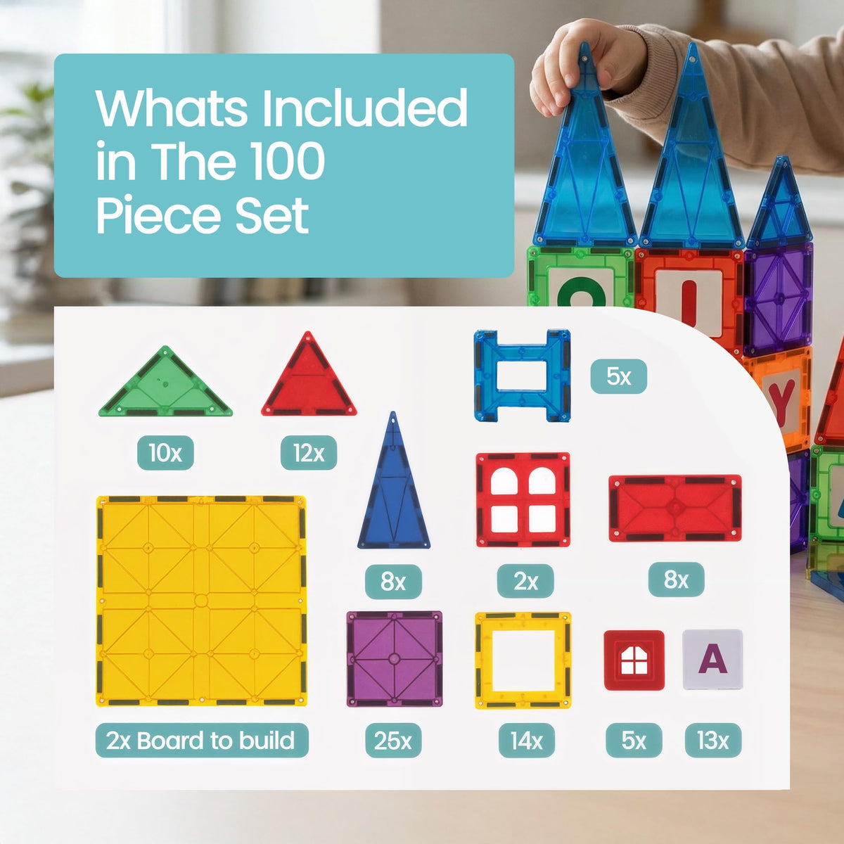 Playmags bright magnetic tiles offer tactile, satisfying connections for stable stacking.