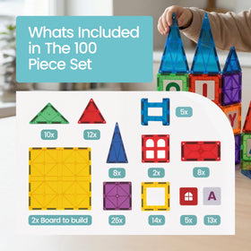 Playmags bright magnetic tiles offer tactile, satisfying connections for stable stacking.