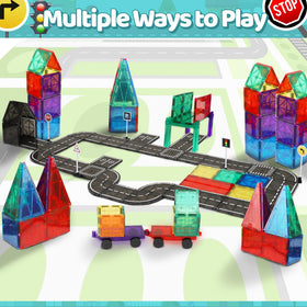 Child playing with Playmags road set, sparking imagination and fine motor skills
