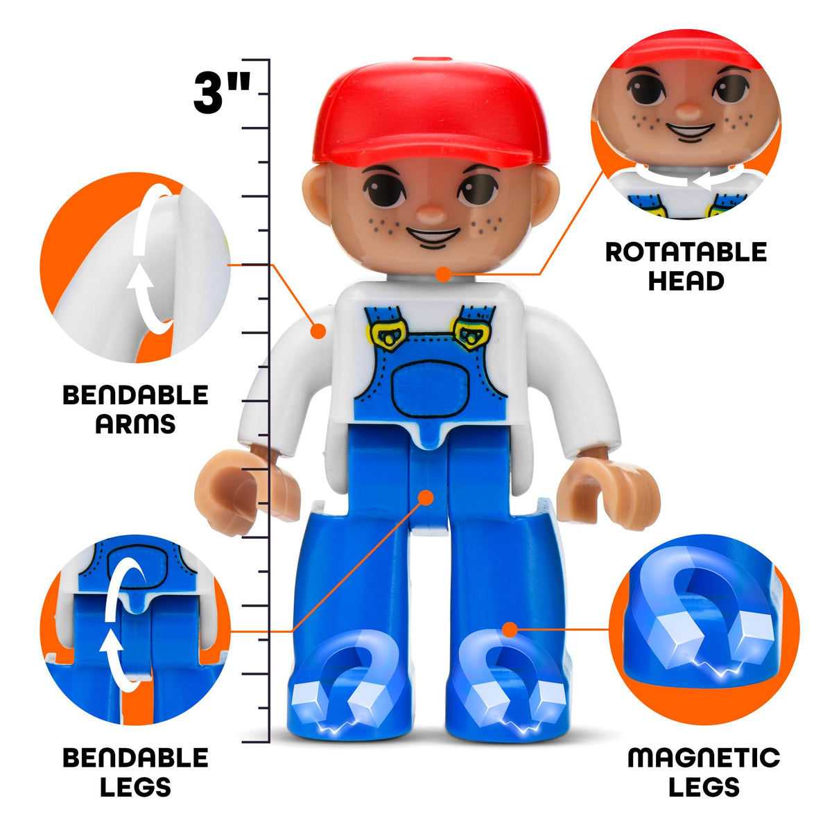Close-up of a 3-inch Playmags figure with articulated arms and legs for dynamic posing.