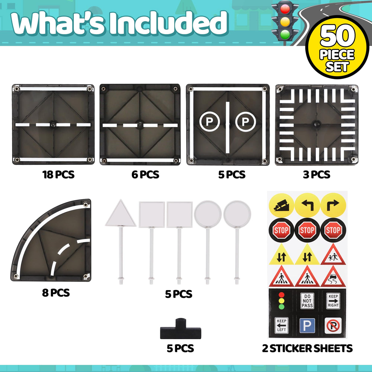 Playmags sticker sheets for customizing roadway designs and signs