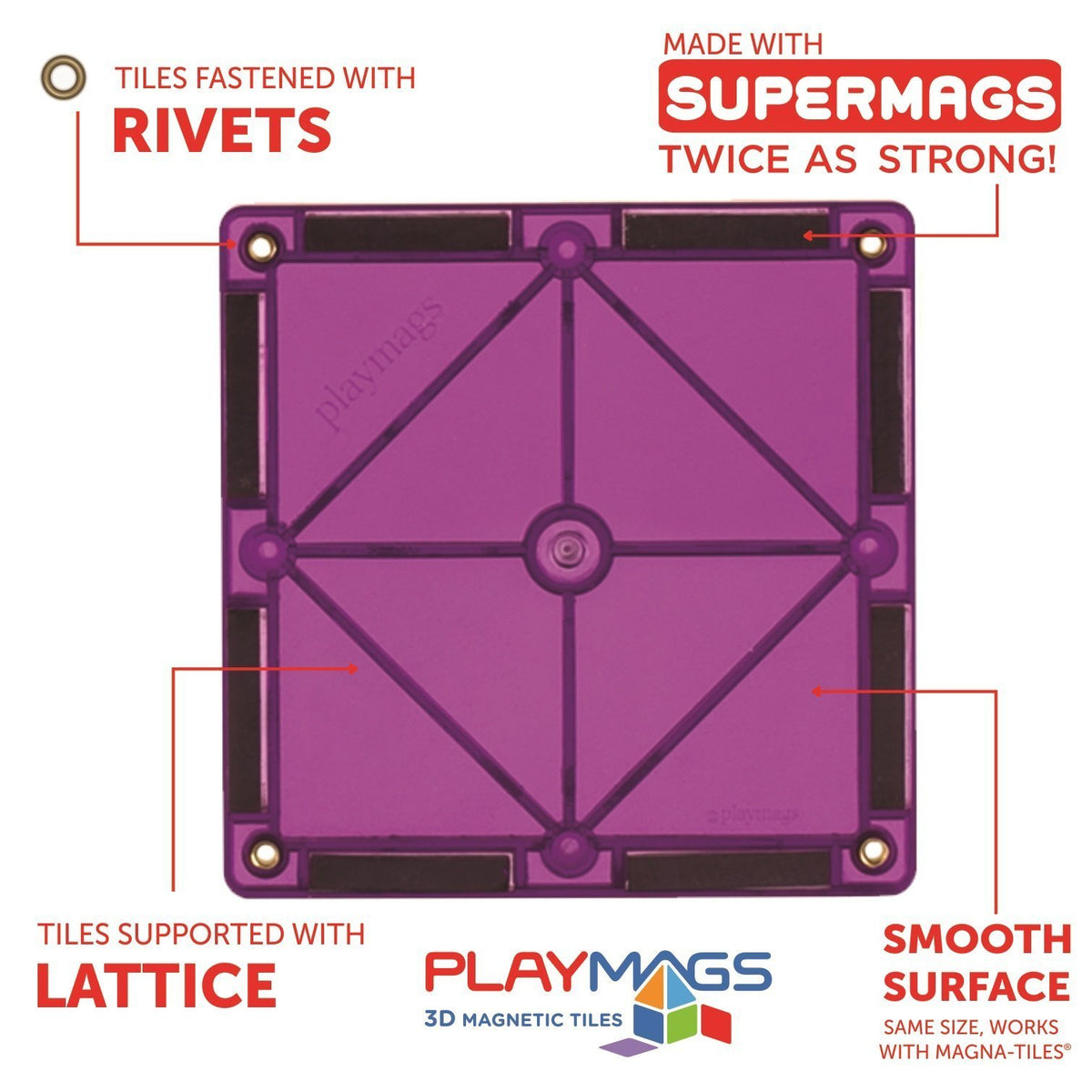 Playmags tiles connect with other magnetic sets for expanded building.
