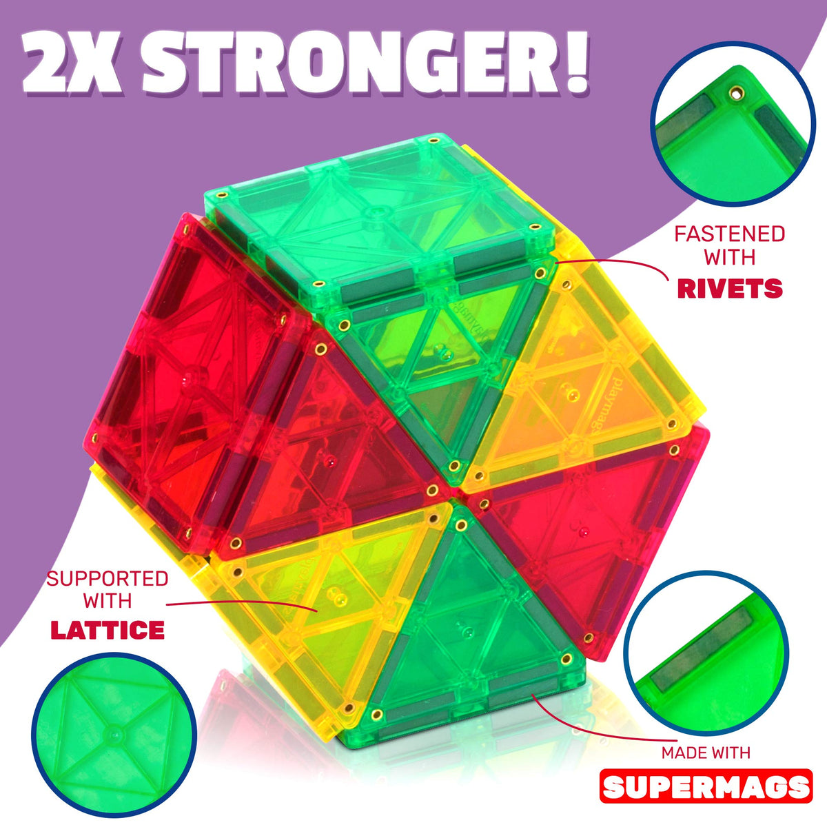 Playmags rectangle pieces enable sturdy base shapes for vehicles and structures.