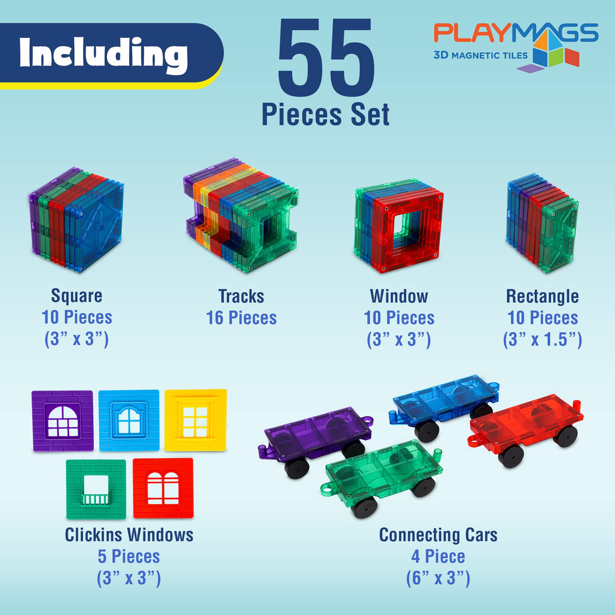 Playmags tiles with windows highlight colorful modular design for imaginative builds.