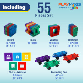 Playmags tiles with windows highlight colorful modular design for imaginative builds.