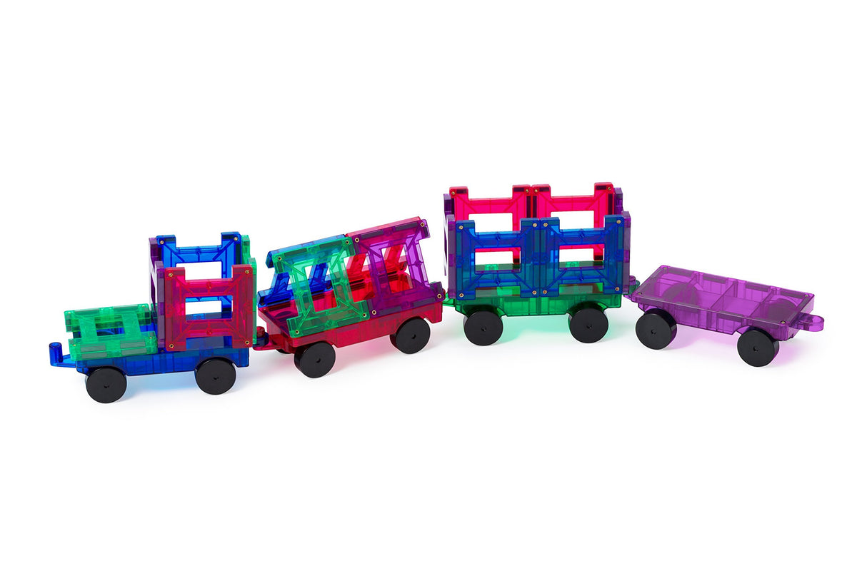 Playmags train-design layouts invite kids to sequence colors and sizes.