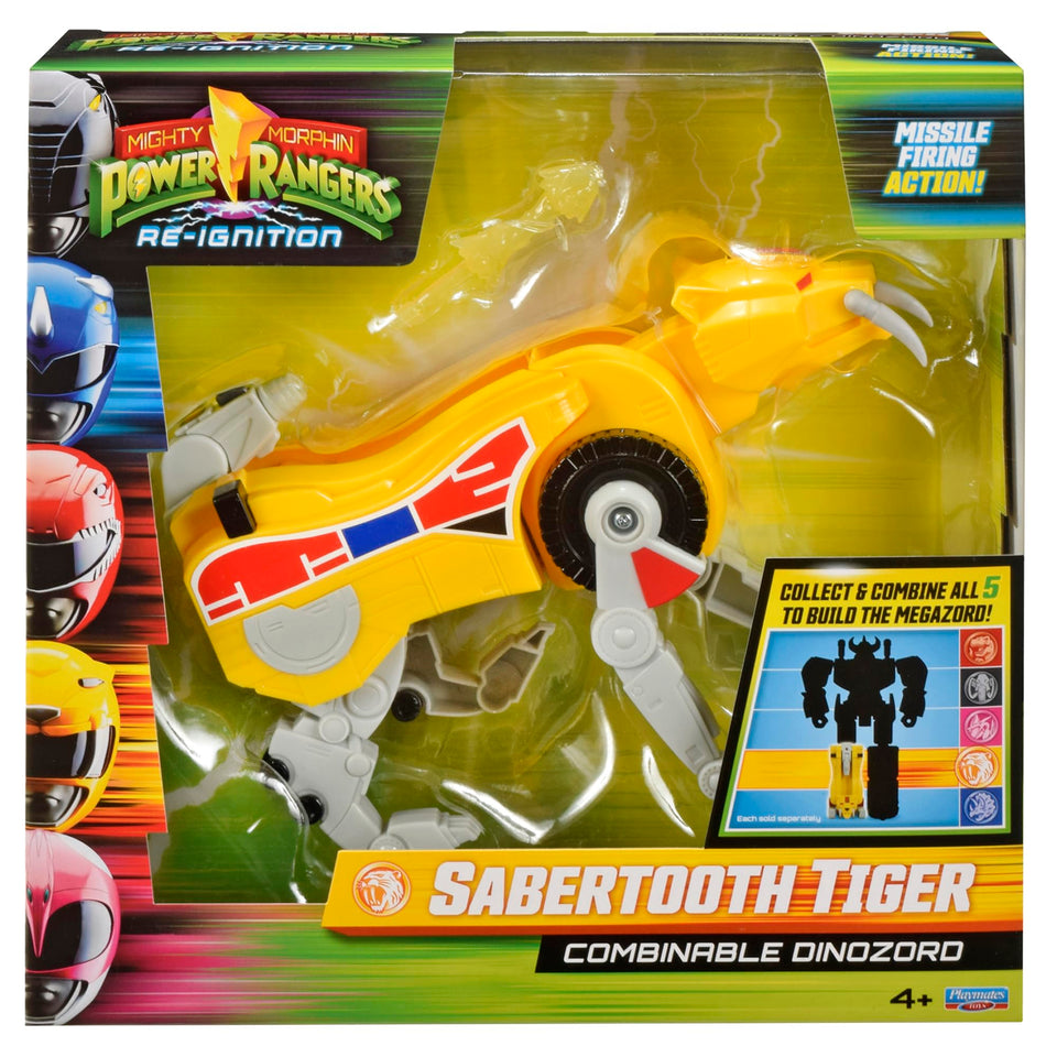 PlayMates Saber-Toothed Tiger Dinozord front view for display and collection.