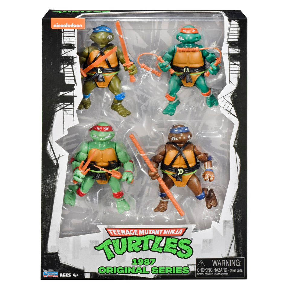 PlayMates TMNT 1987 four-pack figures ready for display and collection
