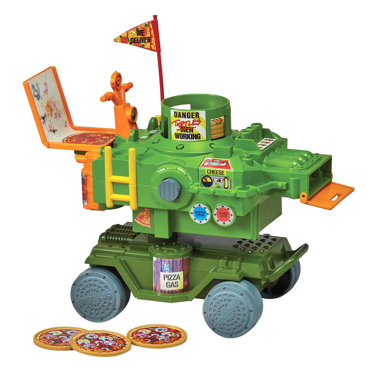 PlayMates TMNT Pizza Thrower Vehicle front view for action-packed playtime.