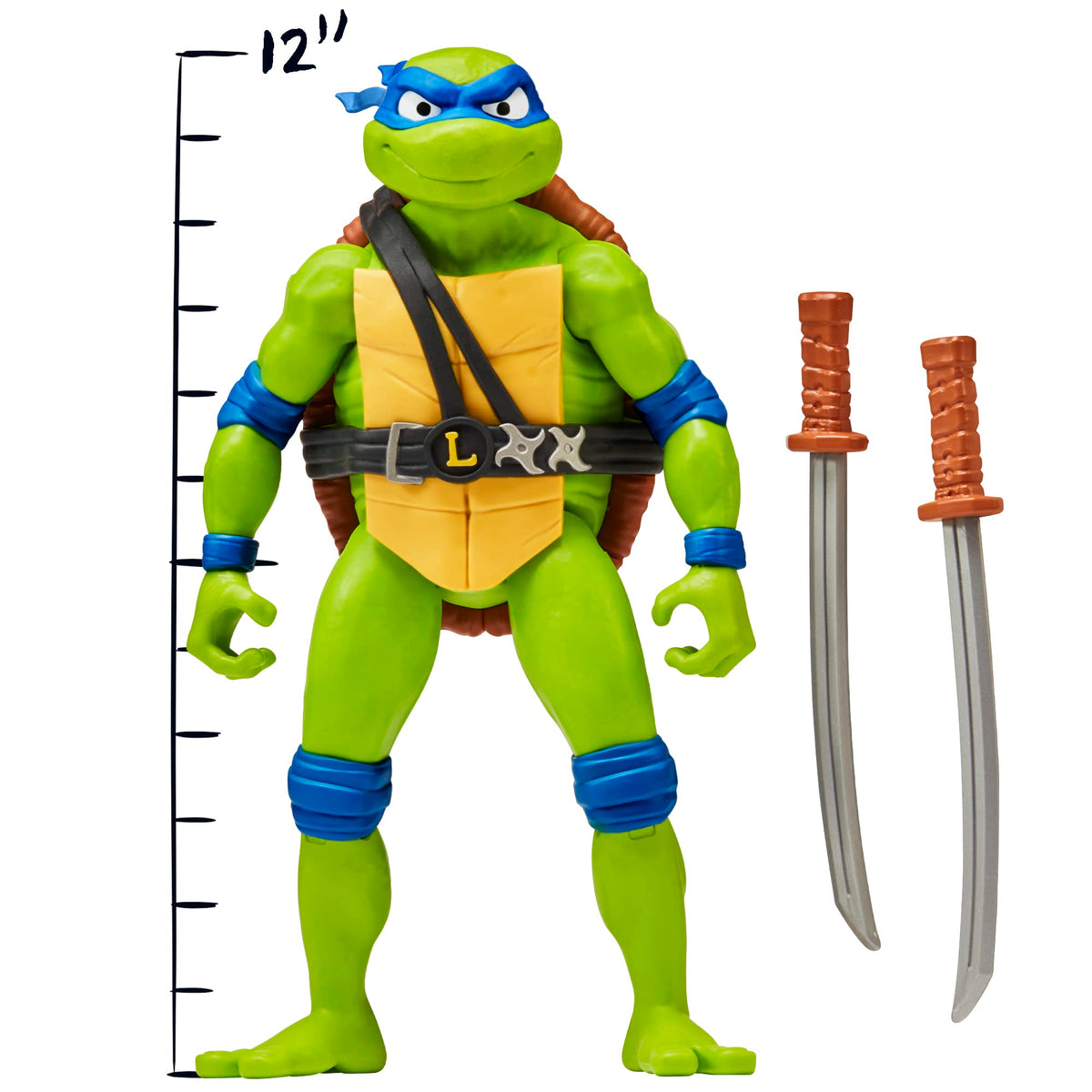 TMNT Leonardo Mutant Mayhem figure close-up highlighting detailed sculpting and articulation.
