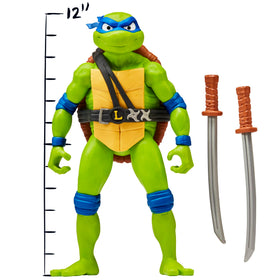 TMNT Leonardo Mutant Mayhem figure close-up highlighting detailed sculpting and articulation.