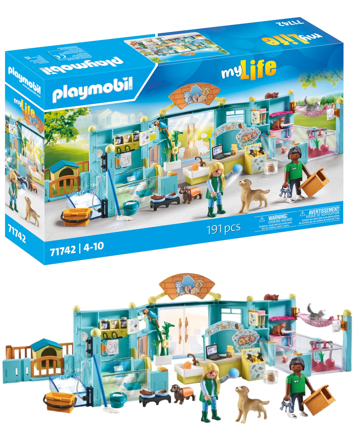 Playmobil Animal Hotel entrance with friendly caretakers welcoming pets for care during vacation.