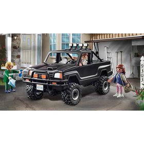 Playmobil Back to the Future Marty figure in truck enables role-play adventures.
