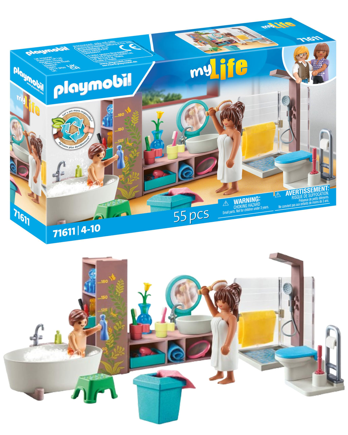 Playmobil bathroom with shower and tub for imaginative bath-time play.