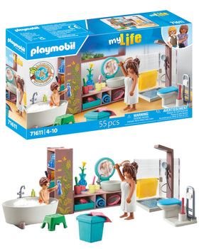 Playmobil bathroom with shower and tub for imaginative bath-time play.
