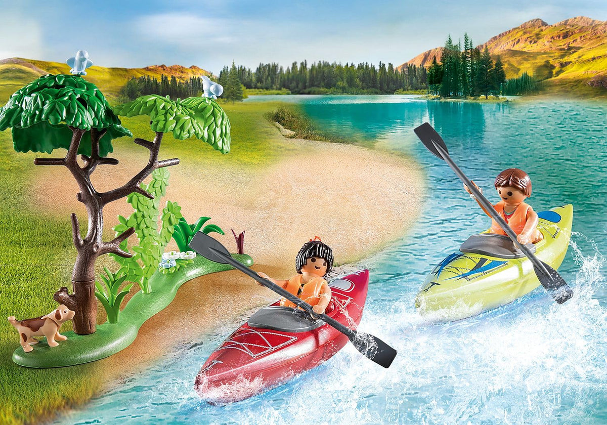 Playmobil camping with kayaks offers compact pieces designed for easy handling by kids