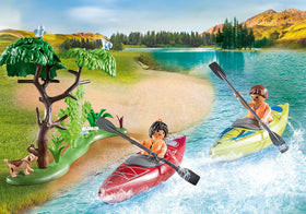 Playmobil camping with kayaks offers compact pieces designed for easy handling by kids
