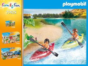 Playmobil camping with kayaks includes a playful dog ready to fetch frisbees