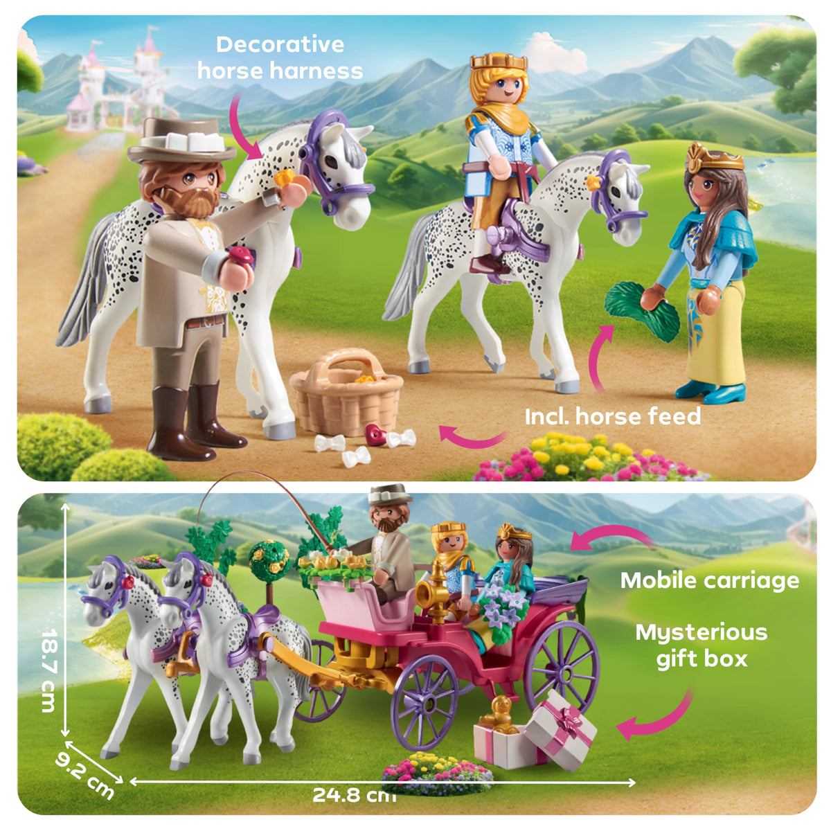 Playmobil Carriage Ride heart harness details offer decorative play moments.