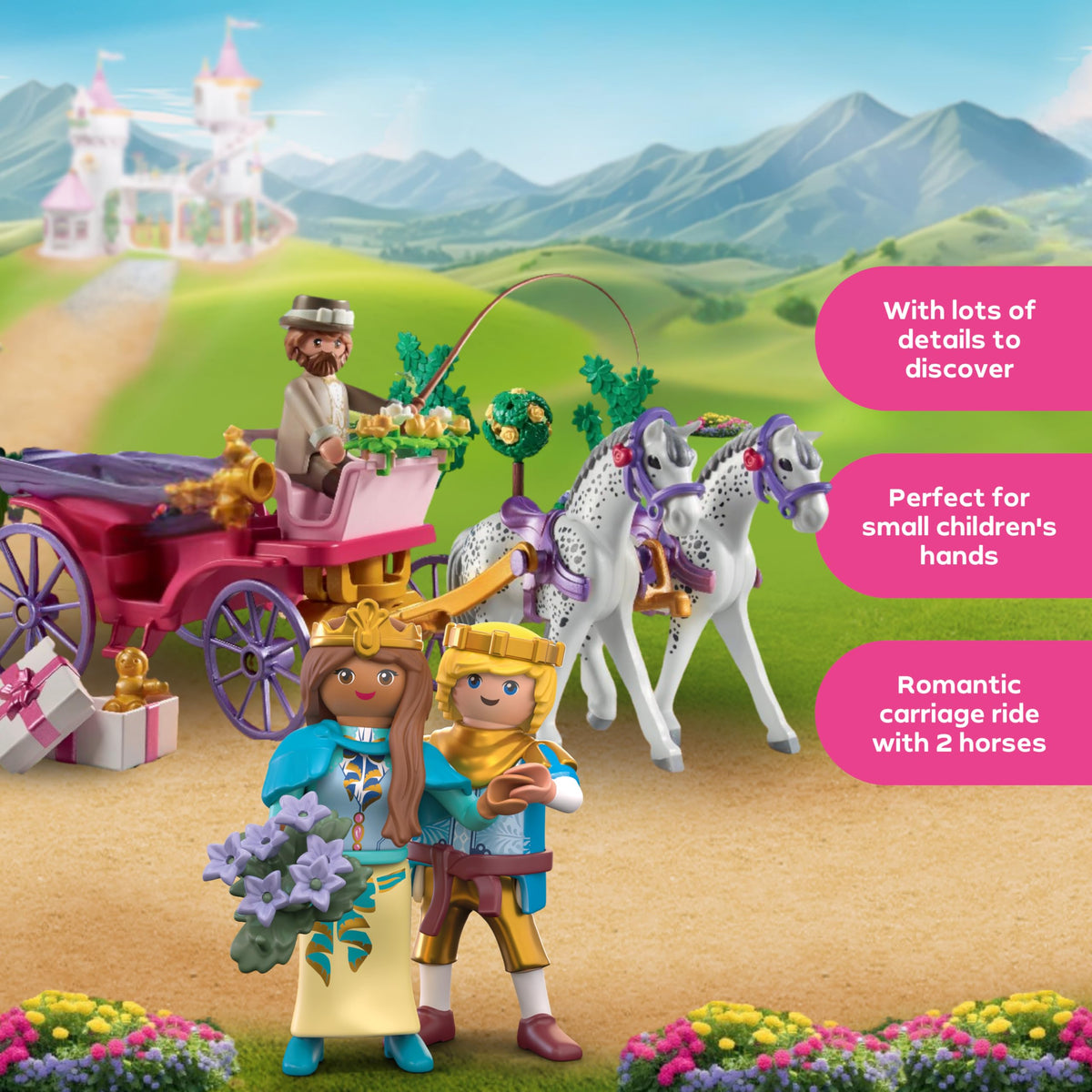 Playmobil Carriage Ride horses with heart harness add festive charm for storytelling.