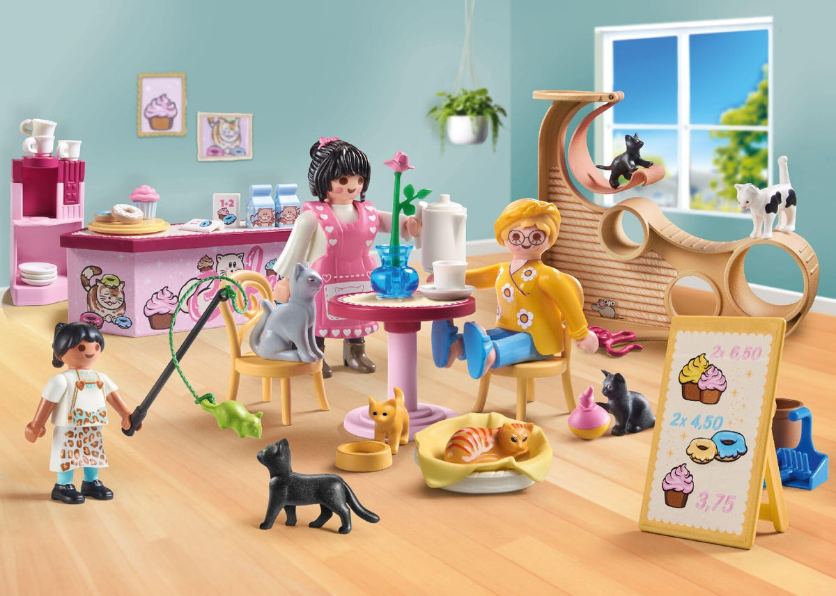 Playmobil Cat Cafe table and cups ready for pretend refreshments.