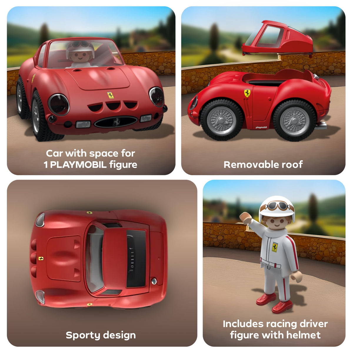 Playmobil Ferrari 250 GTO side profile emphasizing streamlined silhouette for shelf display