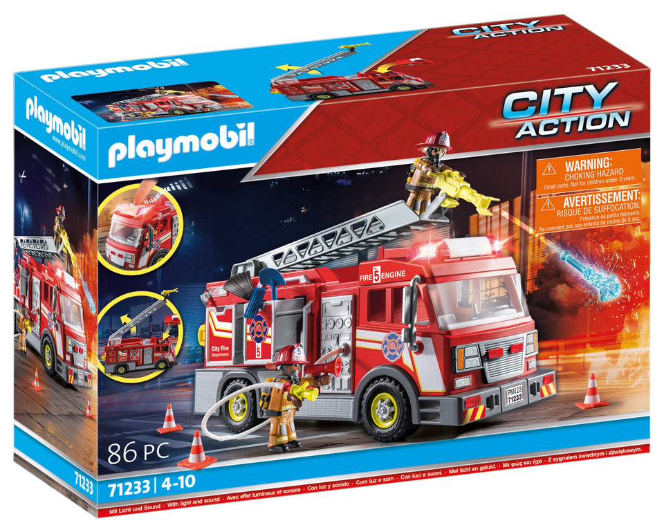 Playmobil fire truck with ladder highlights iconic rescue design for imaginative play.