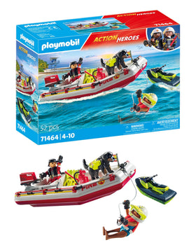 Playmobil Fireboat Aqua Scooter boat front view for realistic rescue play