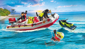 Playmobil Fireboat Aqua Scooter figures and rescue dog ready for action