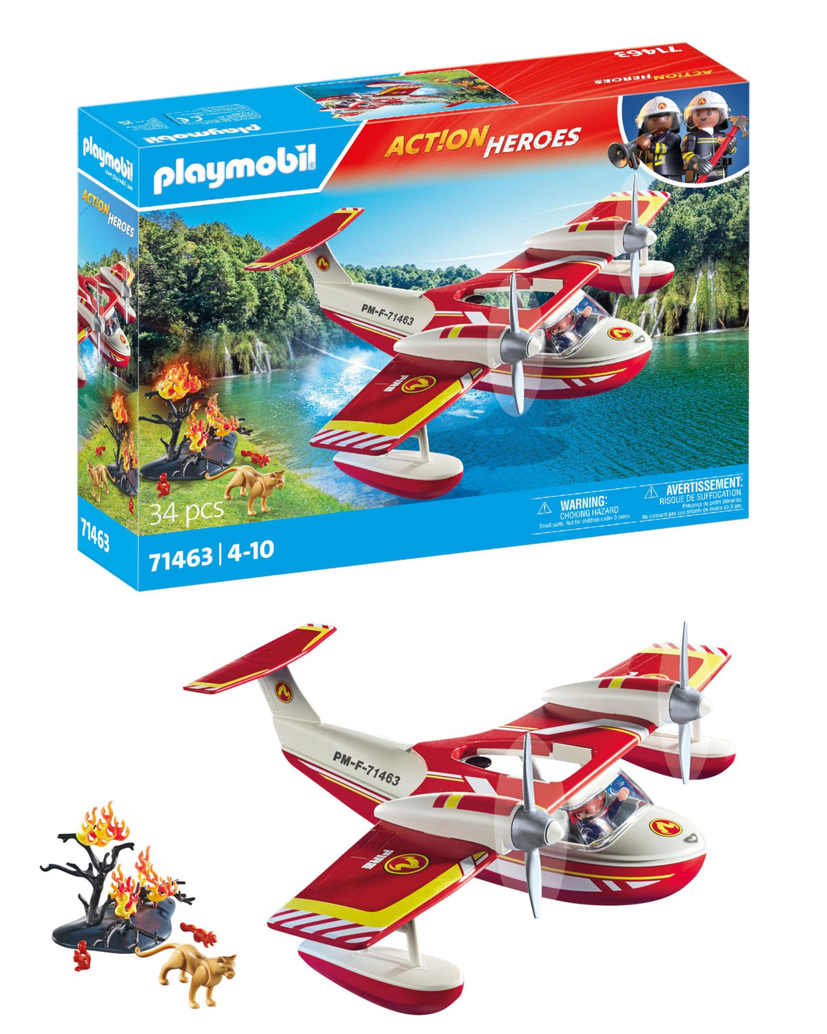 Playmobil Firefighting Seaplane in flight over water for rescue play