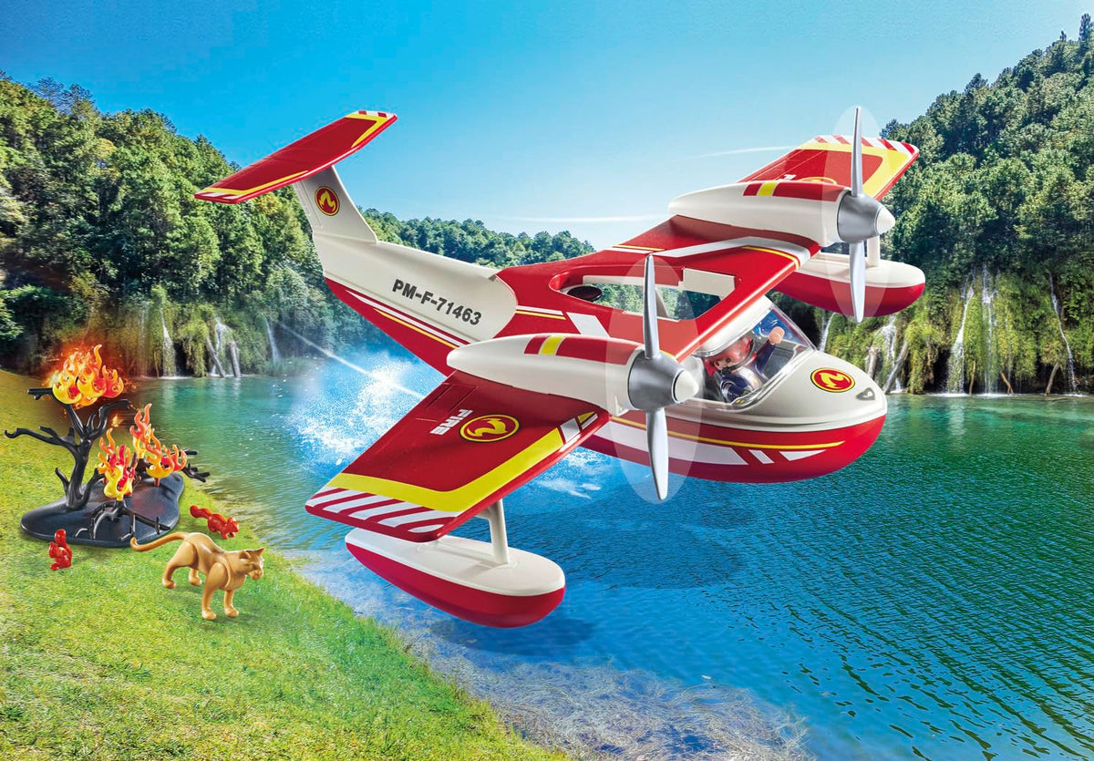 Playmobil Firefighting Seaplane taking off and landing on water for interactive play