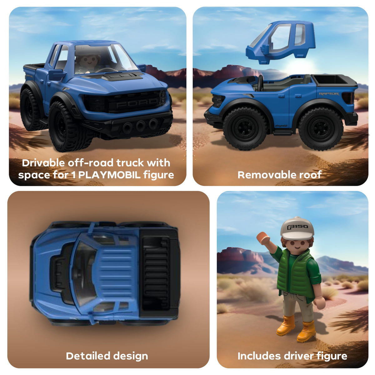 Playmobil Ford F-150 Raptor off-road tires deliver rugged realism for play.