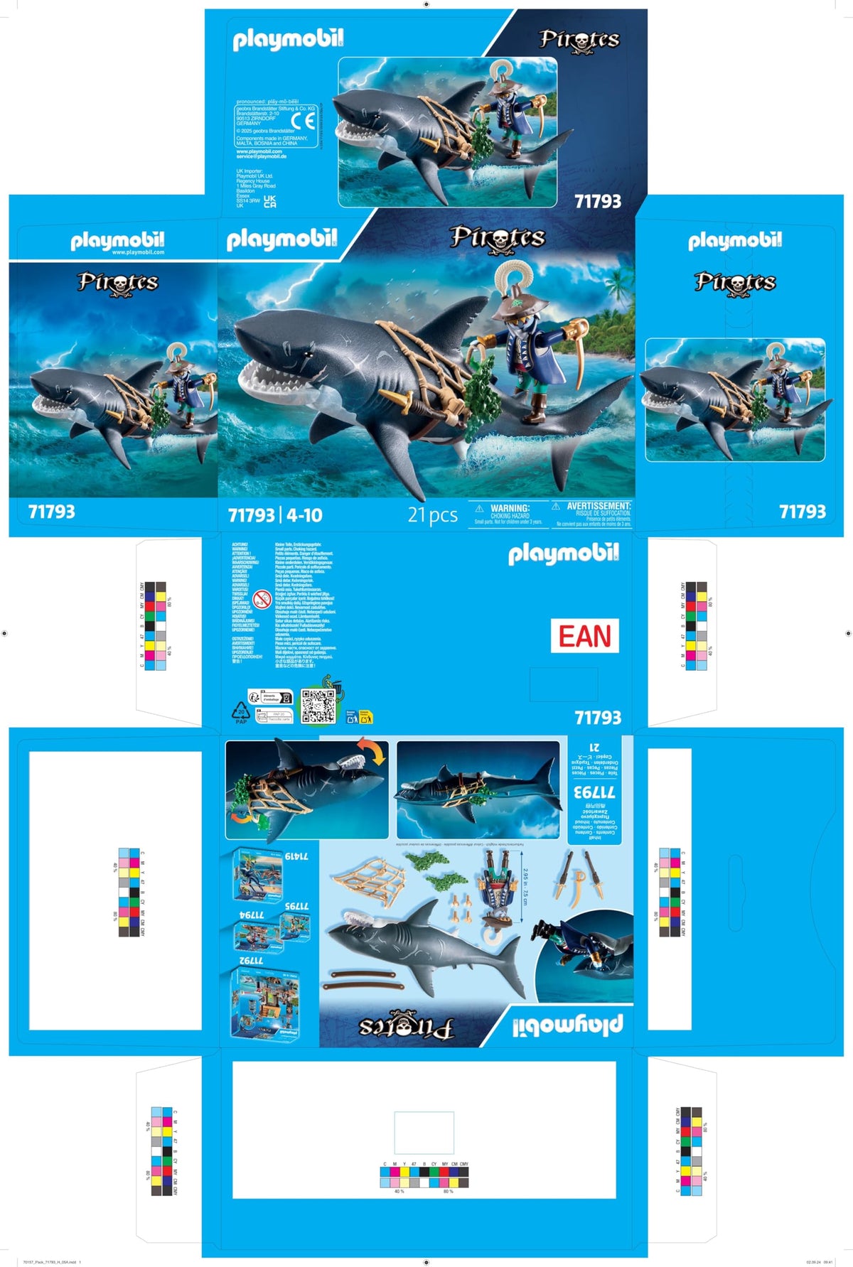 Playmobil Giant Shark with Pirate—pirate clings to net for swashbuckling play.
