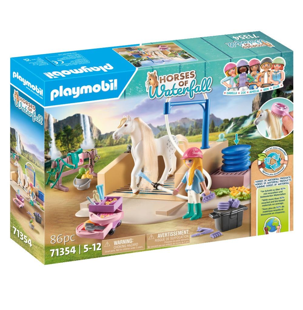 Playmobil Isabella brushing Lioness mane for caring horse play