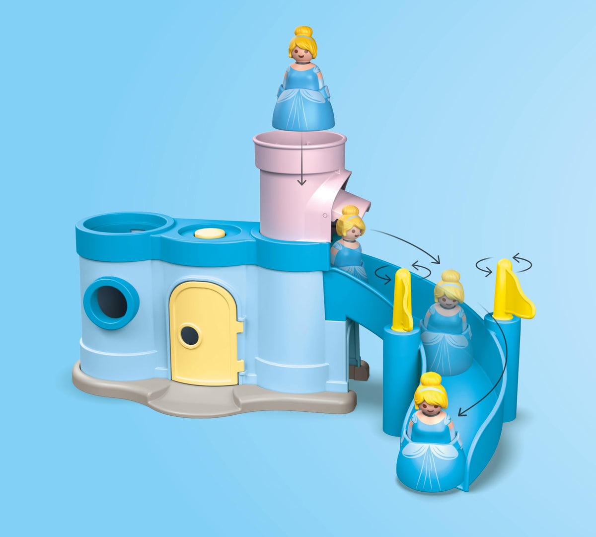 Cinderella jumps and twirls from a tower for playful scenes