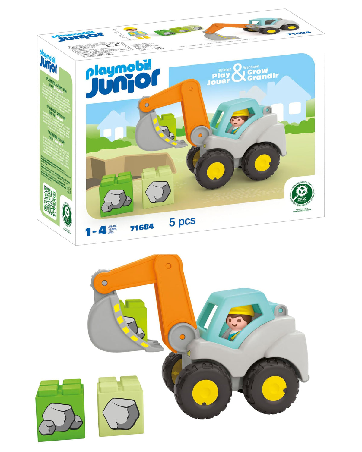 Playmobil Junior Shovel Excavator with movable arm for developing fine motor skills.