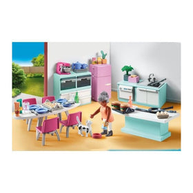 Playmobil Kitchen with Dining Table double ovens focus, supports collaborative play and pretend dining.