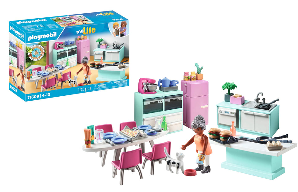 Playmobil Kitchen with Dining Table refrigerator focus, encourages imaginative cooking play and family meals.
