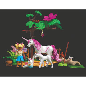 Playmobil Magical Unicorn Stable shows fairy and Joyling guiding the unicorn.