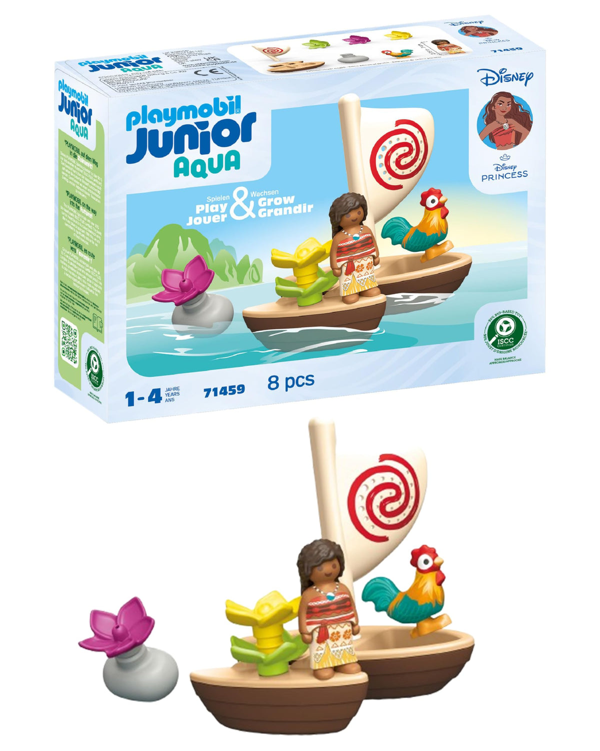 Playmobil Moana boat front view showing a sturdy vessel for toddlers