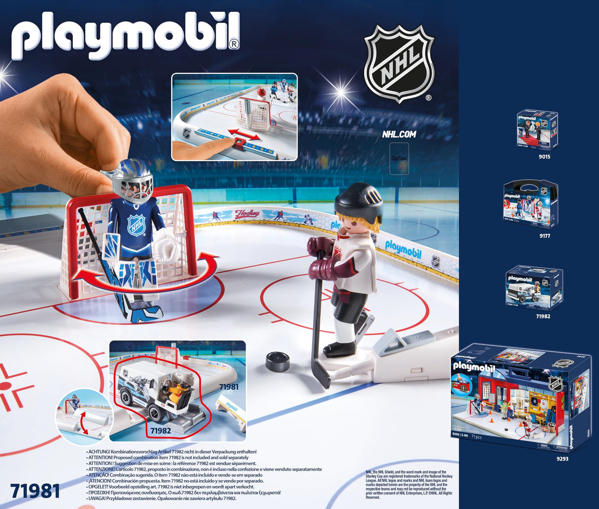Playmobil NHL Hockey Arena content box showing included accessories.