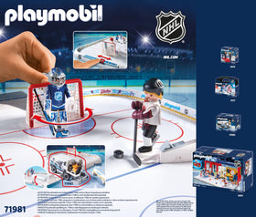 Playmobil NHL Hockey Arena content box showing included accessories.